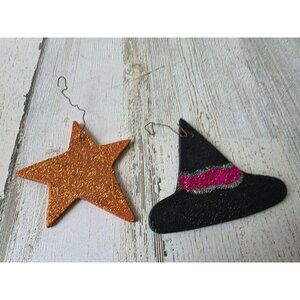Glitter witch hat star Halloween ornament tree orange
